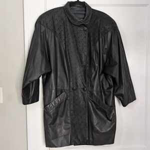 Gino de Giorgio Vintage 80s Black Genuine Leather Long Coat Embossed Women’s M/L